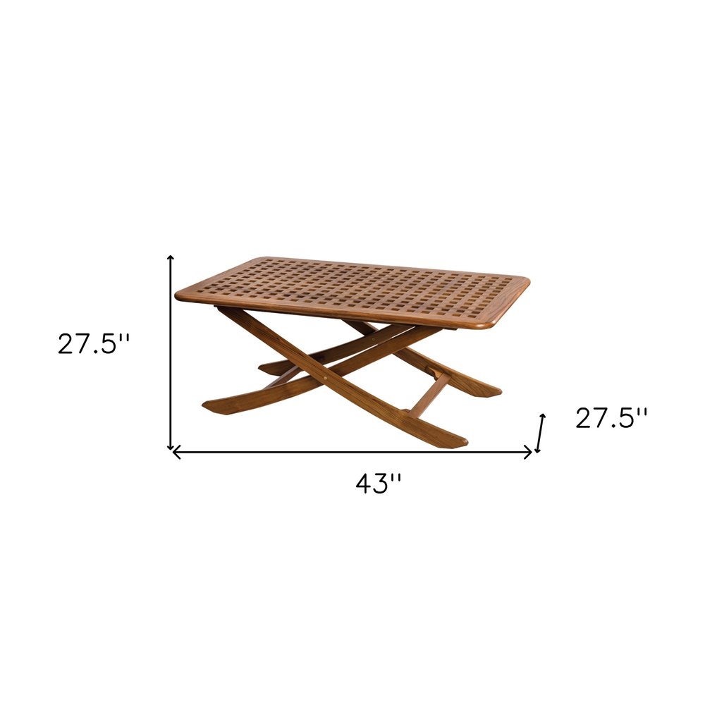 43" Brown Solid Wood Folding Outdoor Side Table. Outdoor table isolated on a plain white background, finished in brown wood.