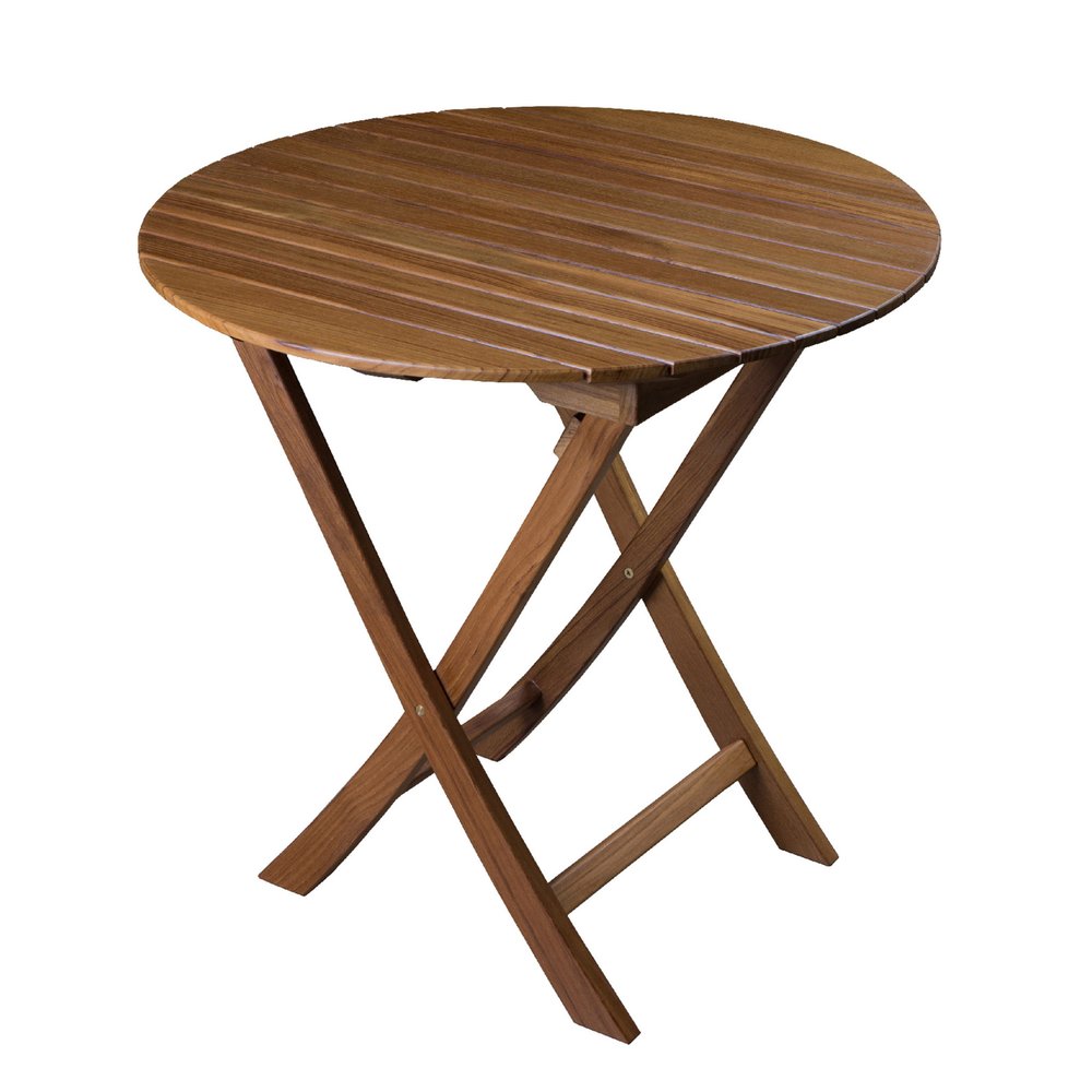 Brown solid wood round folding outdoor side table with X-shaped legs on a white background.