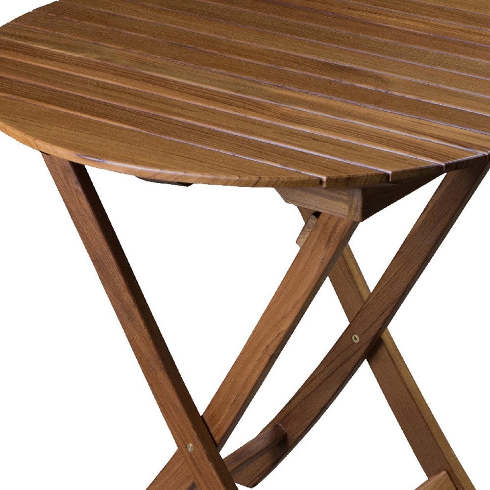 30" Brown Rounded Solid Wood Folding Outdoor Side Table. Outdoor table isolated on a plain white background, finished in brown wood.