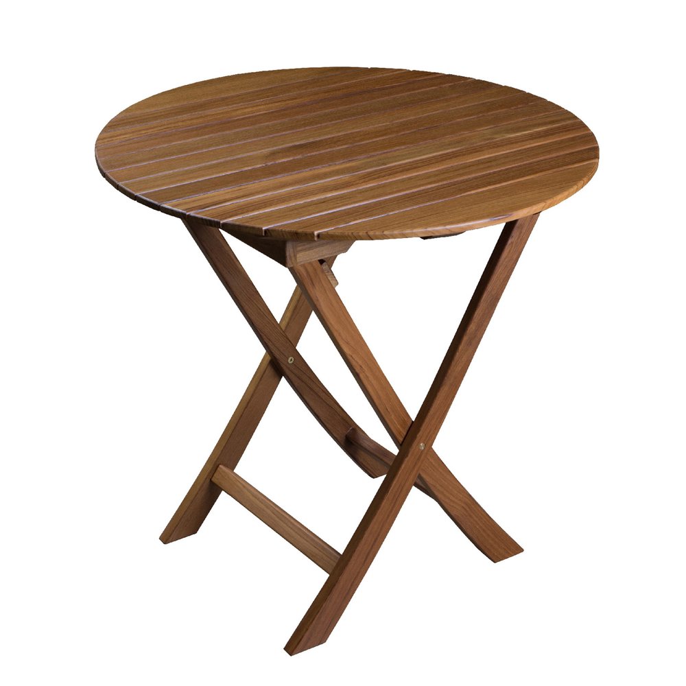 30" Brown Rounded Solid Wood Folding Outdoor Side Table. Outdoor table isolated on a plain white background, in a brown wood finish.