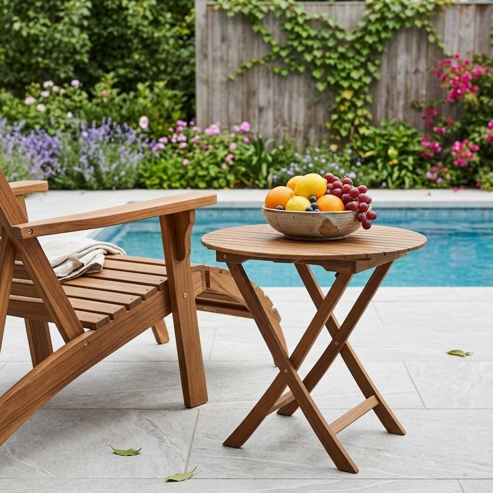 30" Brown Rounded Solid Wood Folding Outdoor Side Table shown outdoors on a tiled patio with greenery.