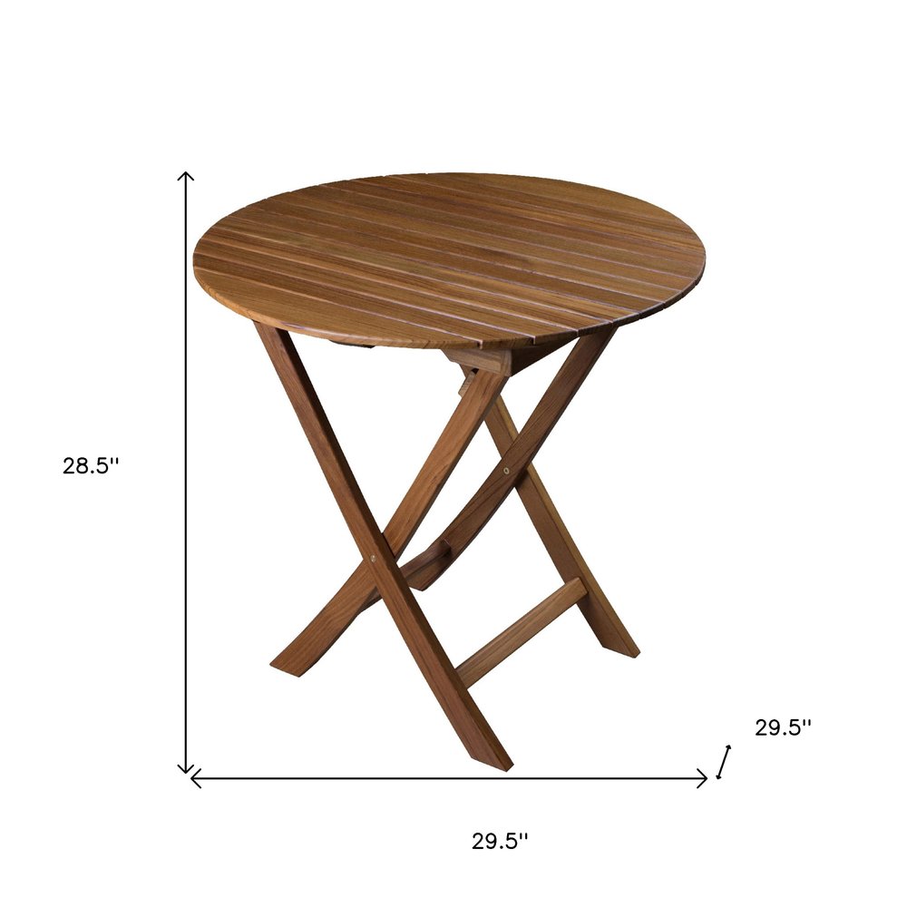 30" Brown Rounded Solid Wood Folding Outdoor Side Table. Outdoor table isolated on a plain white background, in a brown wood finish.