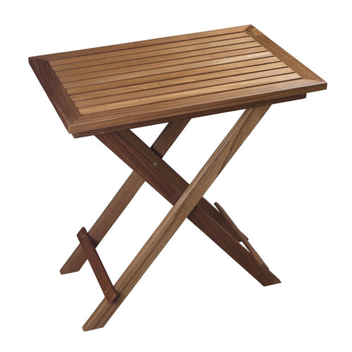 Brown solid wood folding outdoor side table with slatted top and X-shaped legs on a white background.