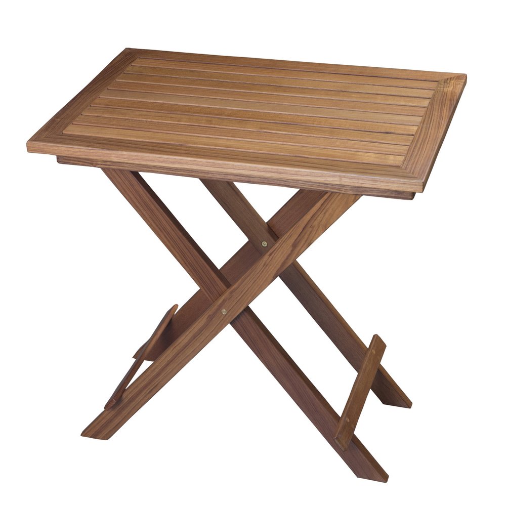 28" Brown Solid Wood Folding Outdoor Side Table. Outdoor table isolated on a plain white background, showing a brown wood surface.