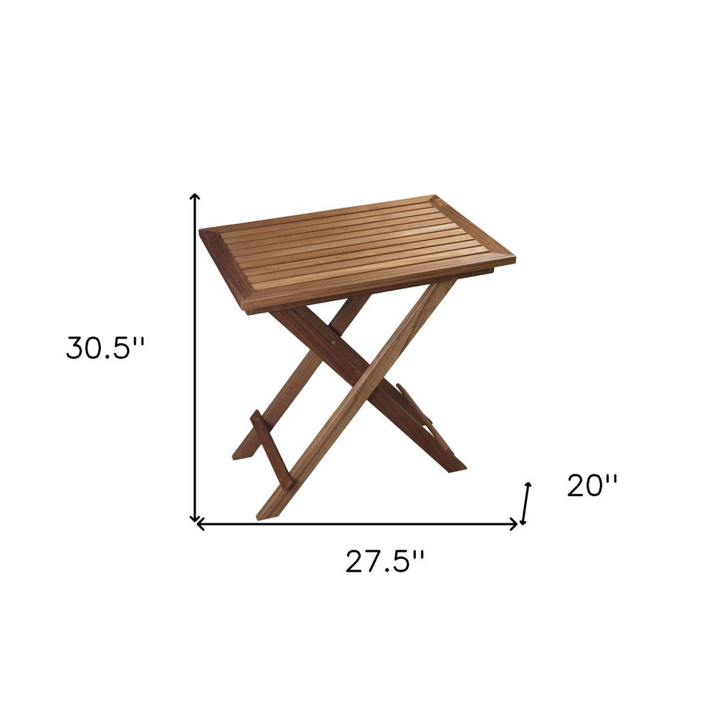28" Brown Solid Wood Folding Outdoor Side Table. Outdoor table isolated on a plain white background, in a brown wood finish.