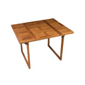 A brown solid wood folding side table with a parquet top and angled legs, isolated on a white background.