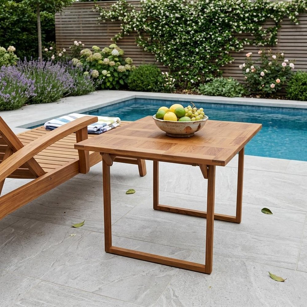45" Brown Solid Wood Folding Outdoor Side Table shown outdoors on a tiled patio with greenery.
