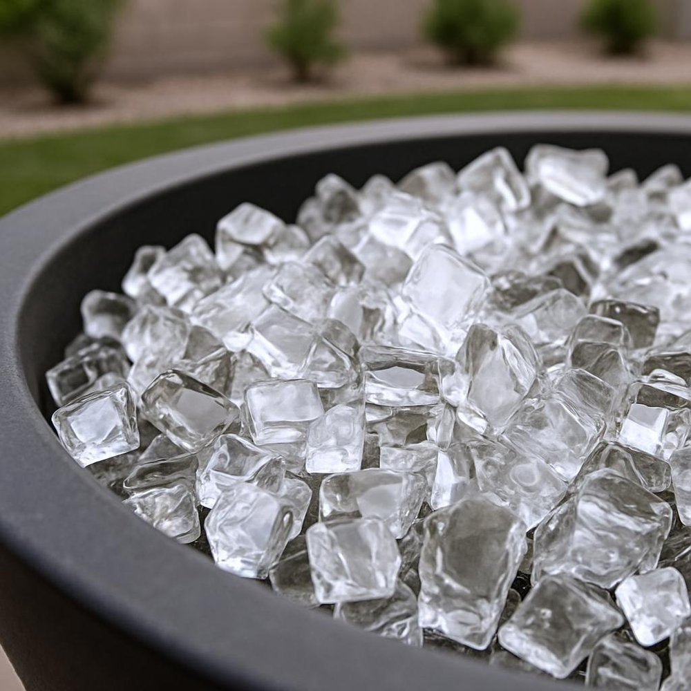 Clear Round Reflective Fire Pit Glass in a home interior