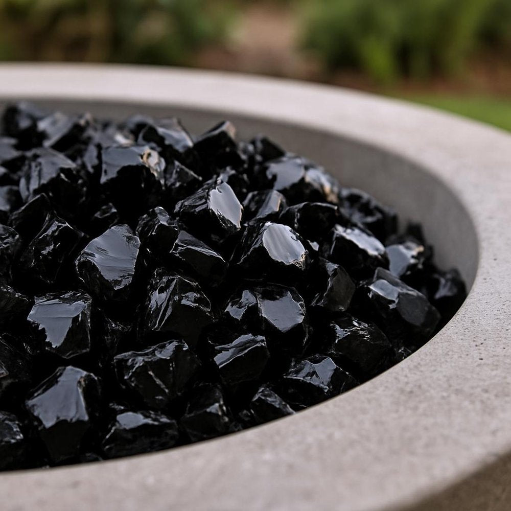 Black Round Reflective Fire Pit Glass in a home interior