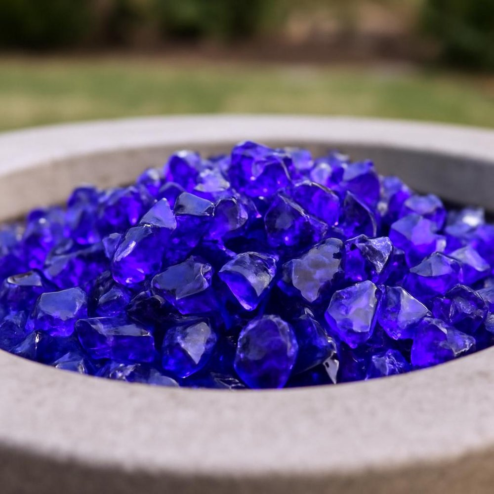 Cobalt Round Reflective Fire Pit Glass in a home interior