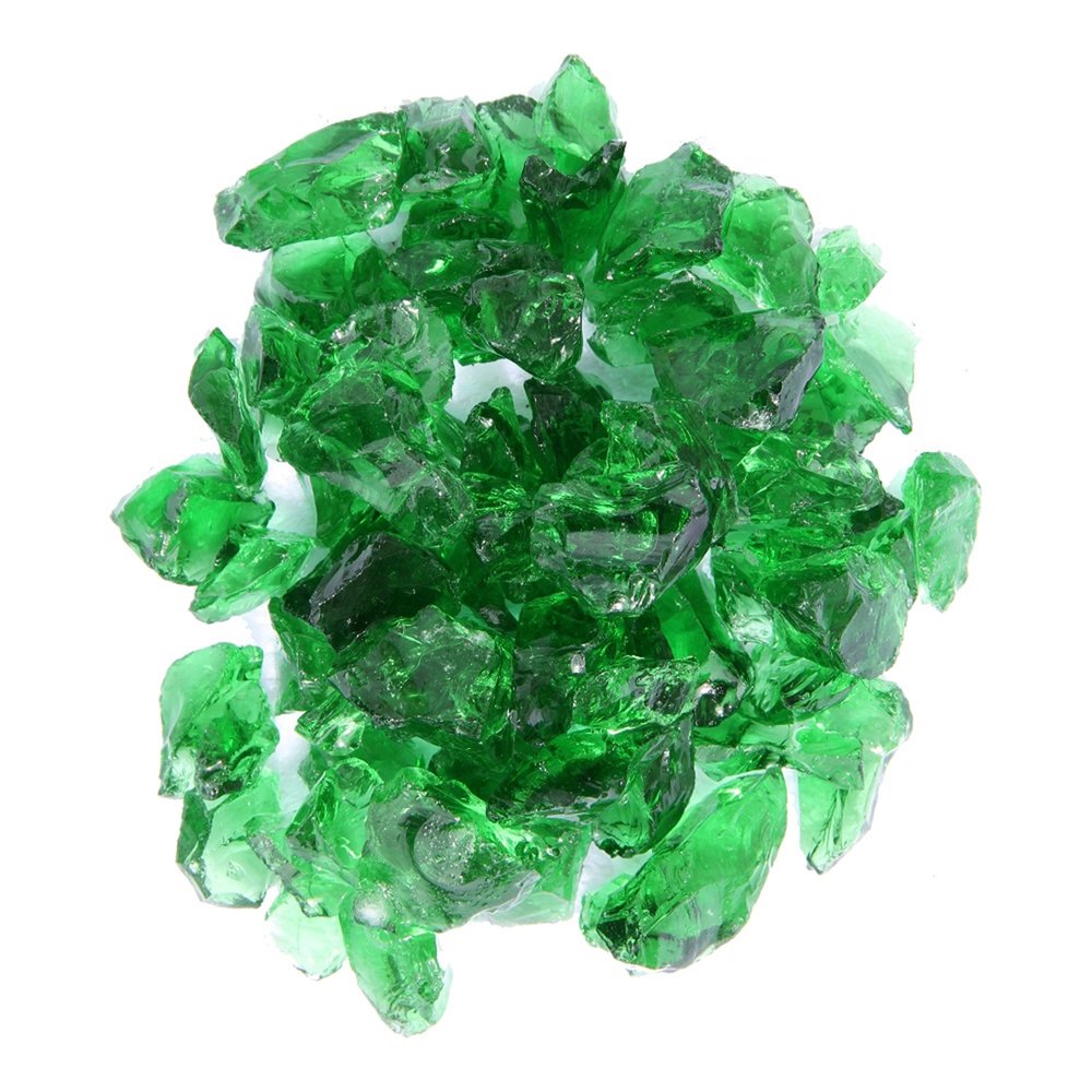 Pile of green glass chunks on a white background.
