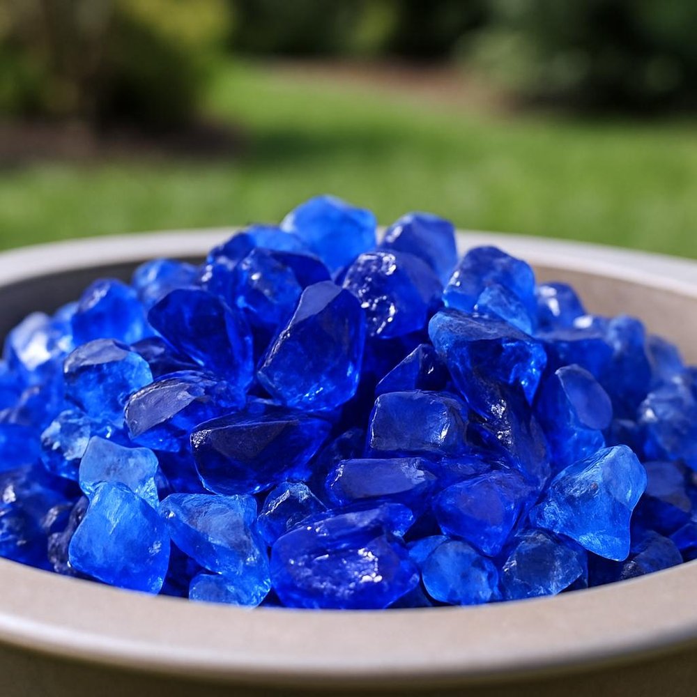 Blue Round Reflective Fire Pit Glass in a home interior
