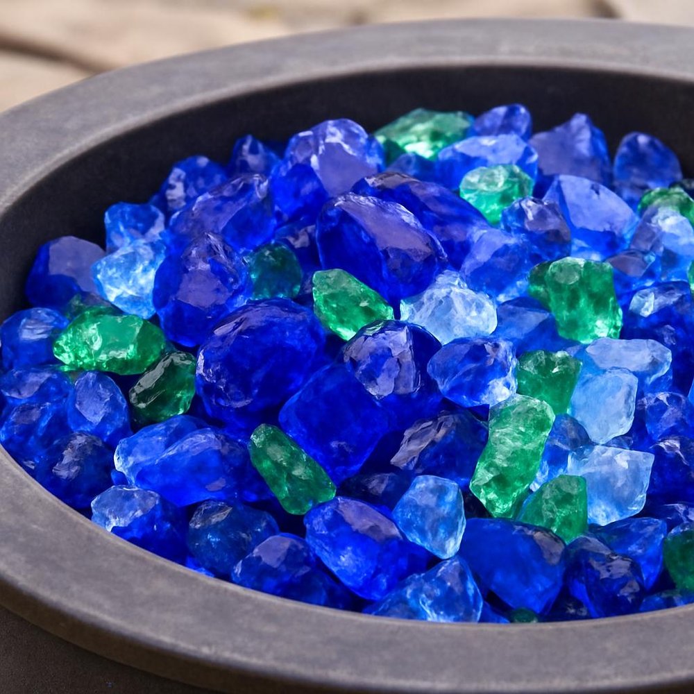 Blue And Green Round Reflective Fire Pit Glass in a home interior