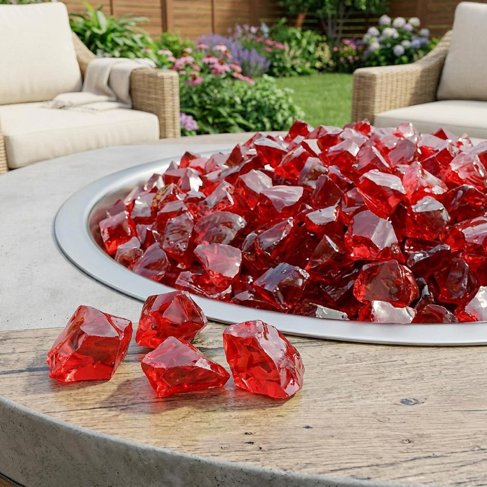 Red Round Reflective Fire Pit Glass in a home interior