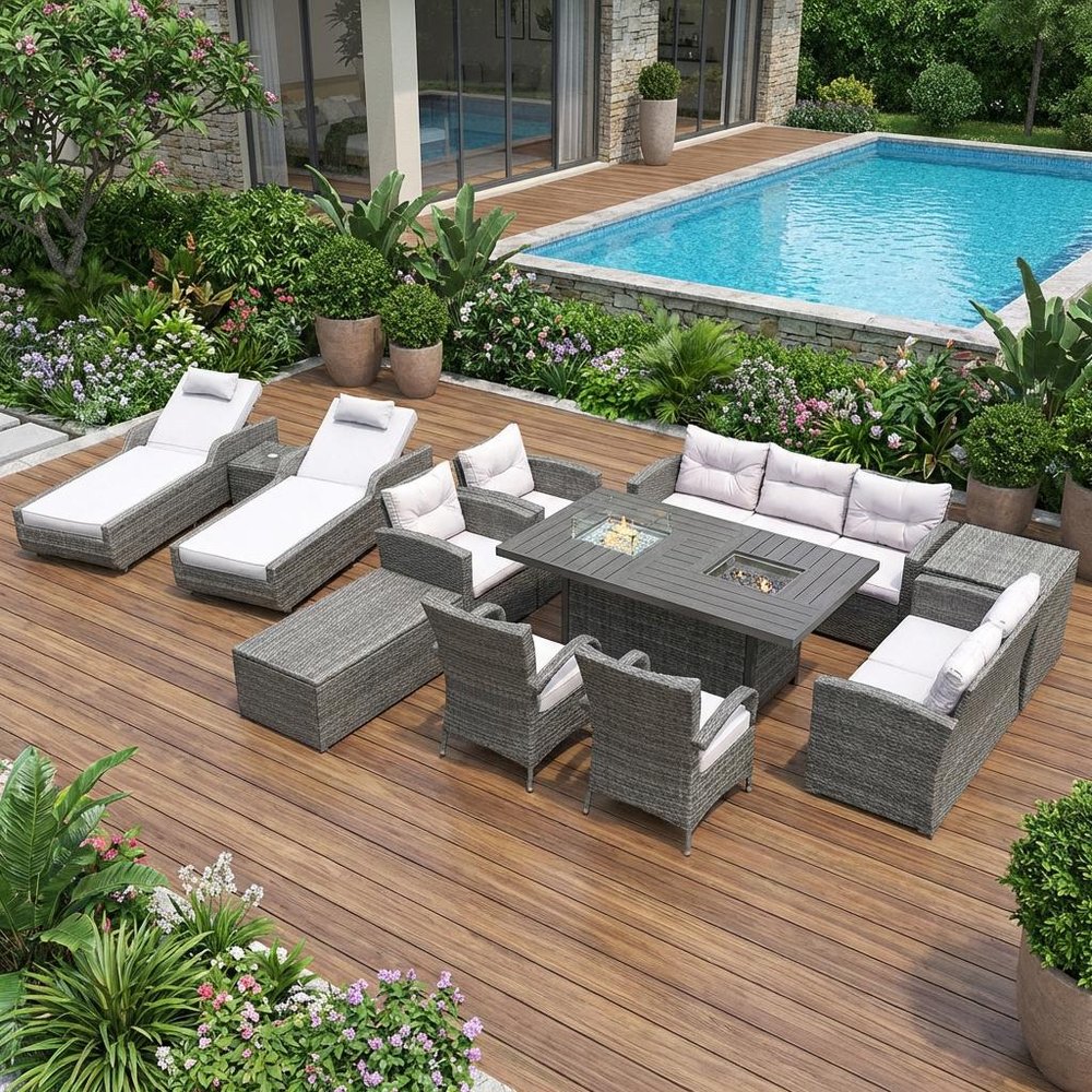 Twelve Piece Gray Wicker Multiple Chairs Seating Group With Fire Pit And Table - 60" H x 78" W x 50" D