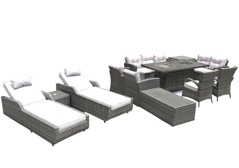 Gray wicker outdoor seating group with multiple chairs, chaise lounges, and a fire pit table on a white background.