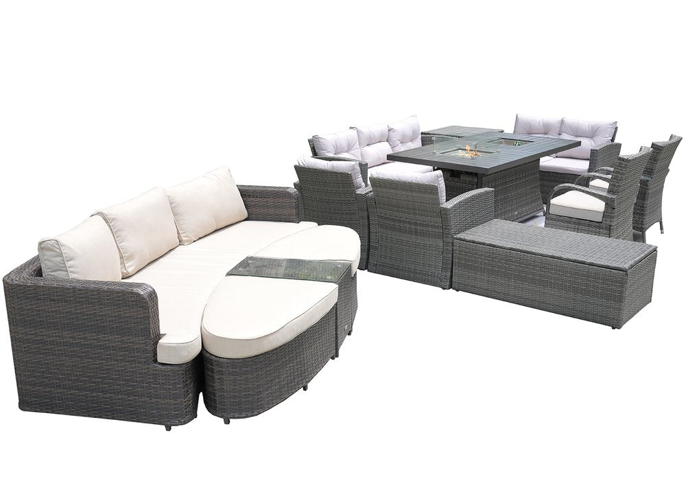 Eleven Piece Gray Wicker Multiple Chairs Seating Group With Fire Pit And Table