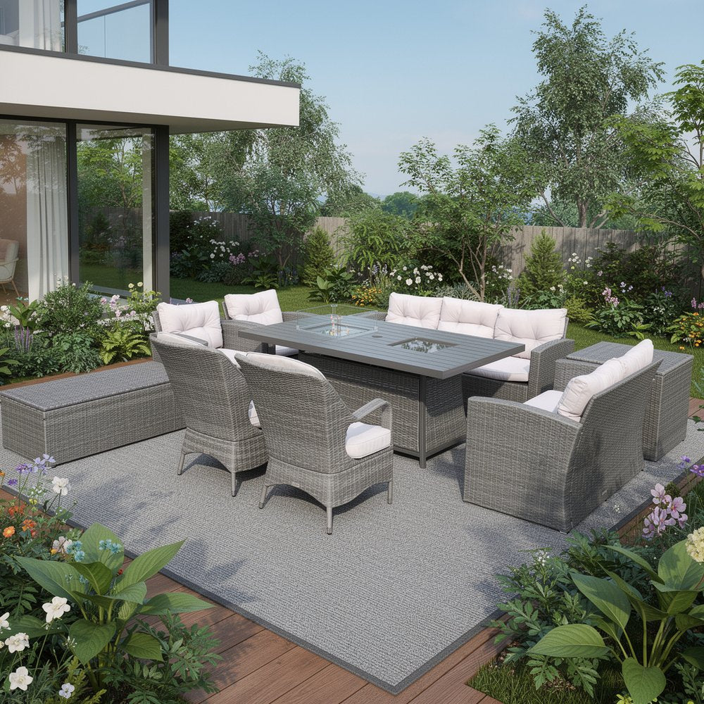Ten Piece Gray Wicker Multiple Chairs Seating Group With Fire Pit And Table - 50" H x 75" W x 50" D