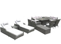 Twelve Piece Outdoor Gray Wicker Multiple Chairs Seating Group Fire Pit Included with White Cushions on a white background