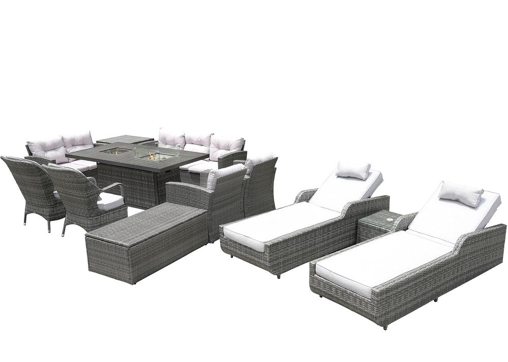 Twelve Piece Outdoor Gray Wicker Multiple Chairs Seating Group Fire Pit Included with White Cushions on a white background