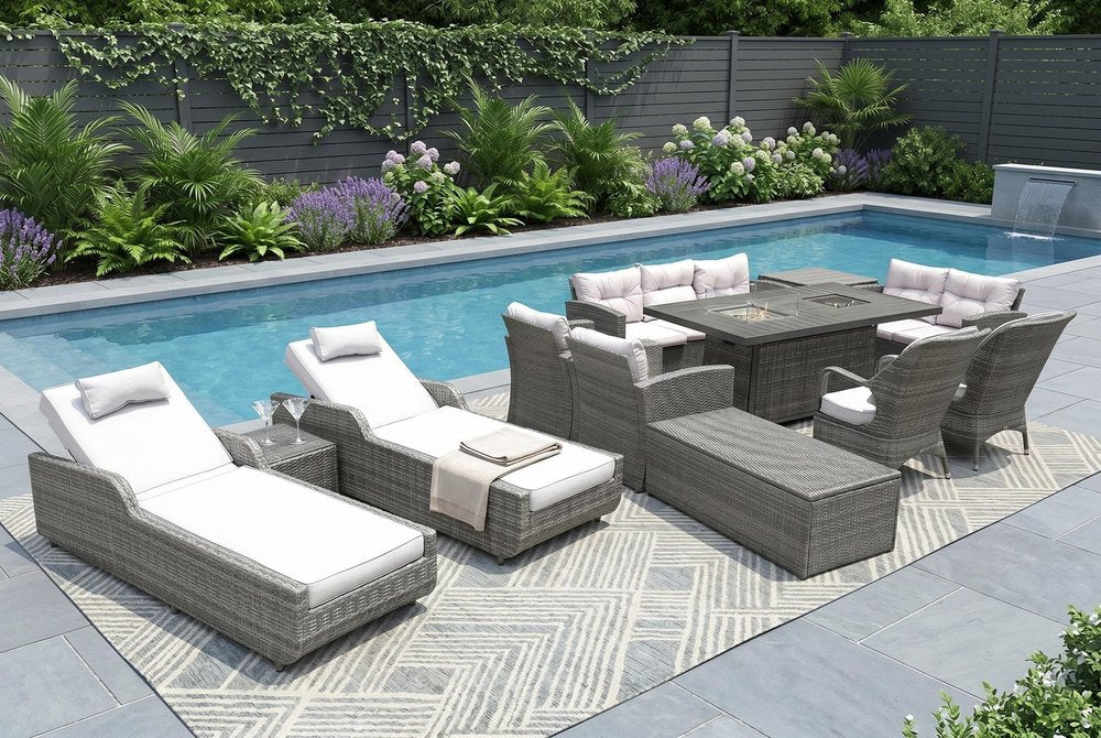 Twelve Piece Outdoor Gray Wicker Multiple Chairs Seating Group Fire Pit Included with White Cushions in a home interior