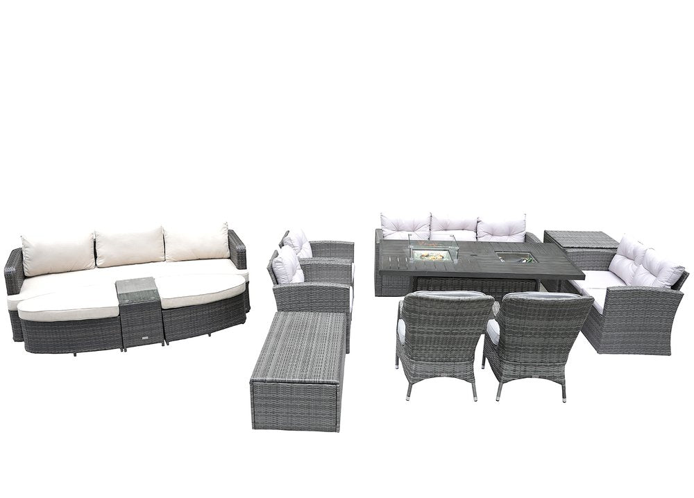 Eleven Piece Gray Wicker Multiple Chairs Seating Group With Fire Pit And Table