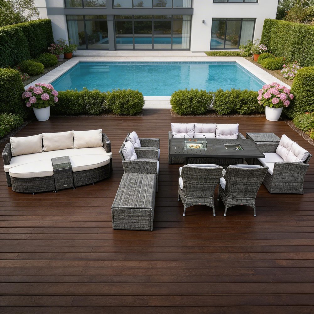 Eleven Piece Gray Wicker Multiple Chairs Seating Group With Fire Pit And Table