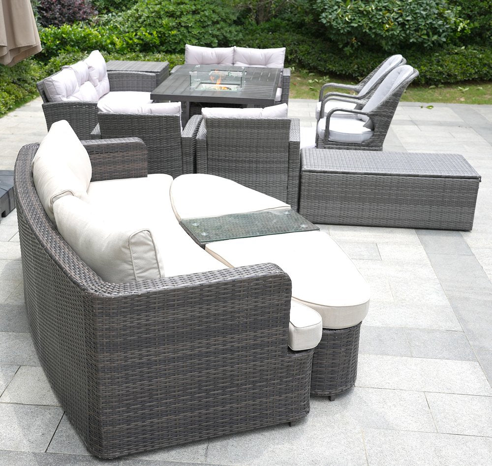 Eleven Piece Gray Wicker Multiple Chairs Seating Group With Fire Pit And Table