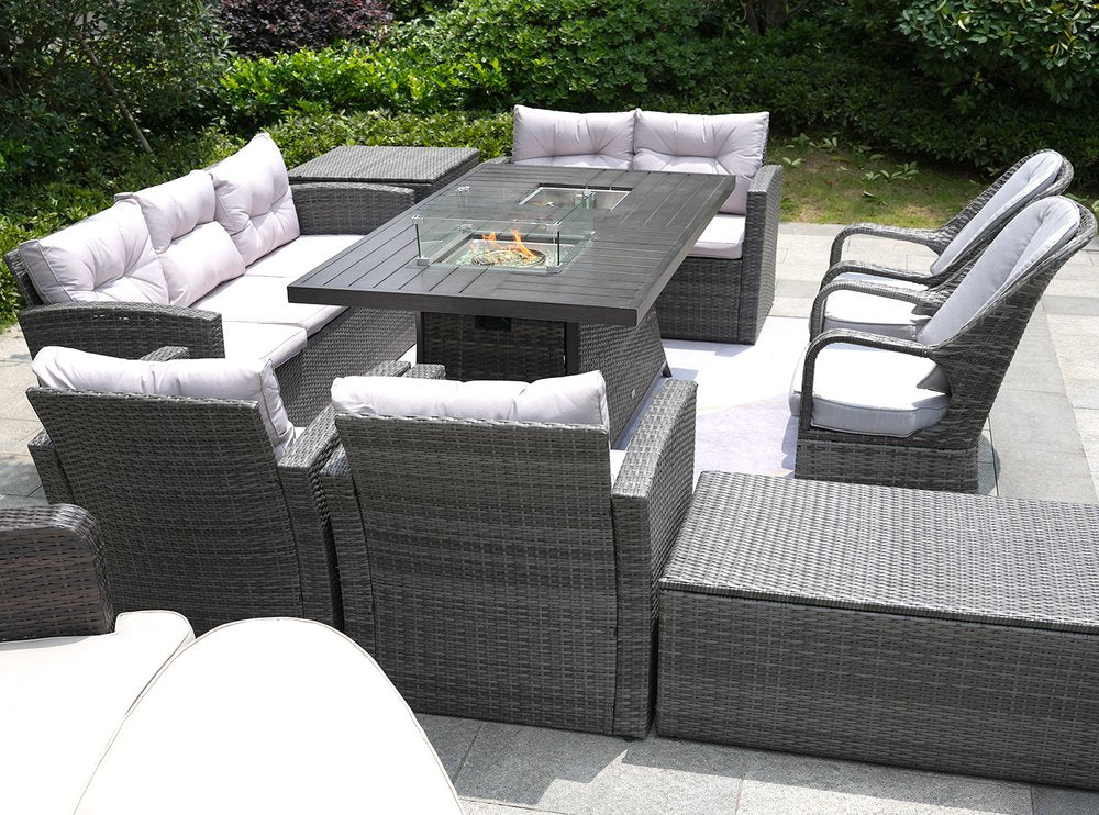 Eleven Piece Gray Wicker Multiple Chairs Seating Group With Fire Pit And Table