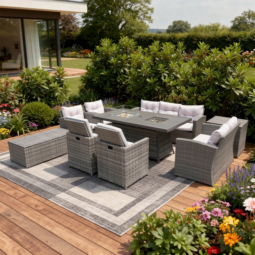 Nine Piece Gray Wicker Multiple Chairs Seating Group With Fire Pit And Table - 45" H x 75" W x 50" D