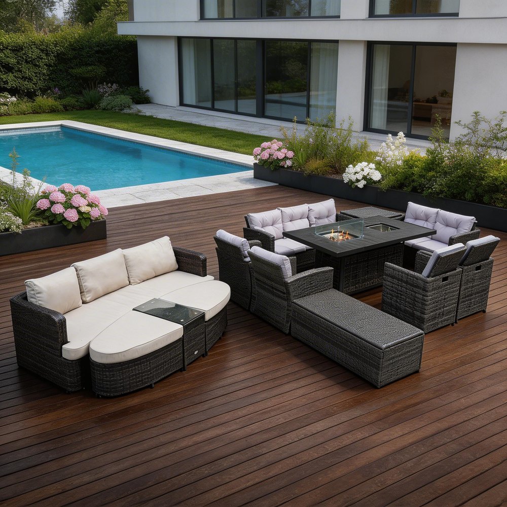 Ten Piece Gray Wicker Multiple Chairs Seating Group With Fire Pit And Table - 60.00" H x 75.00" W x 50.00" D