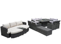 Ten Piece Gray Wicker Multiple Chairs Seating Group With Fire Pit And Table - 60.00" H x 75.00" W x 50.00" D on a white background