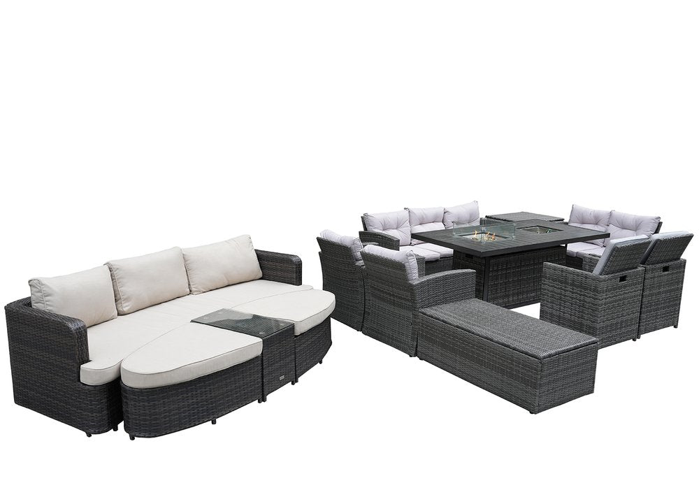 Gray wicker outdoor seating group with sectional sofa, fire pit table, and multiple chairs on a white background.