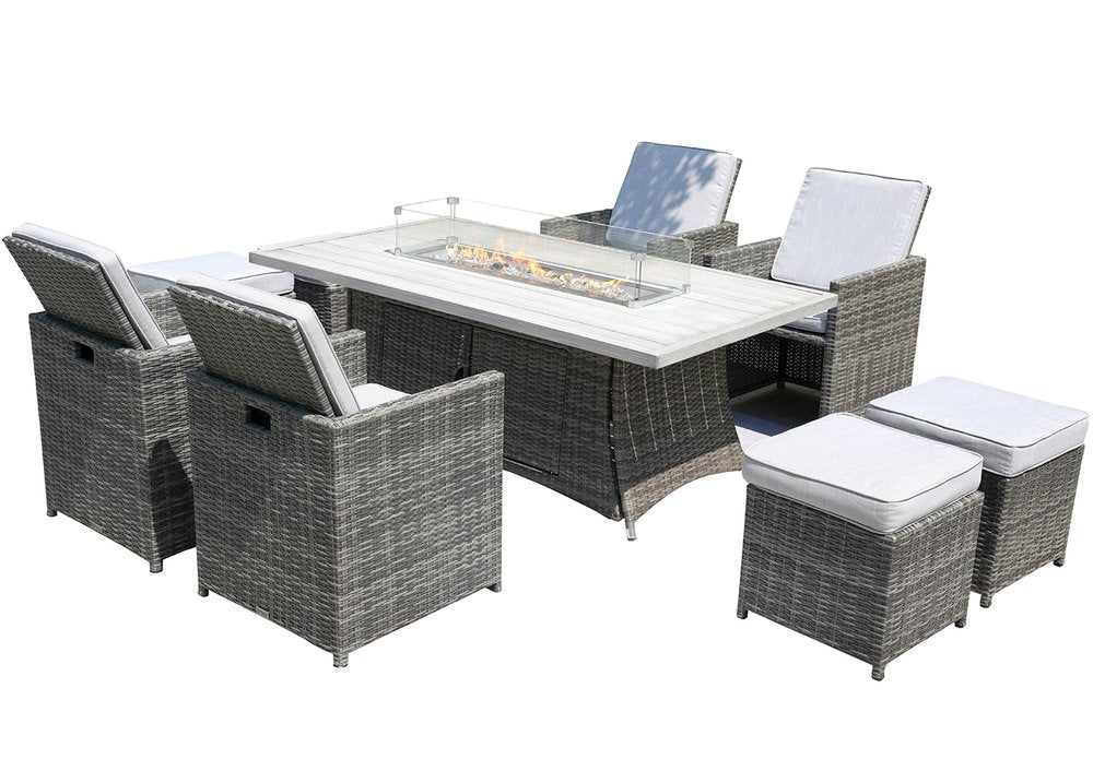 Gray wicker nine-piece outdoor seating group with fire pit table and chairs on a white background.