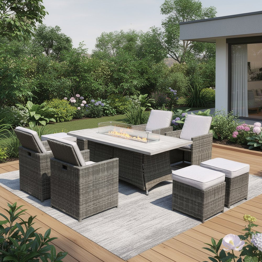 Nine Piece Gray Wicker Multiple Chairs Seating Group With Fire Pit And Table - 75.00" H x 43.00" W x 45.00" D
