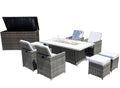 Ten Piece Outdoor Gray Wicker Multiple Chairs Seating Group Fire Pit Included with White Cushions on a white background