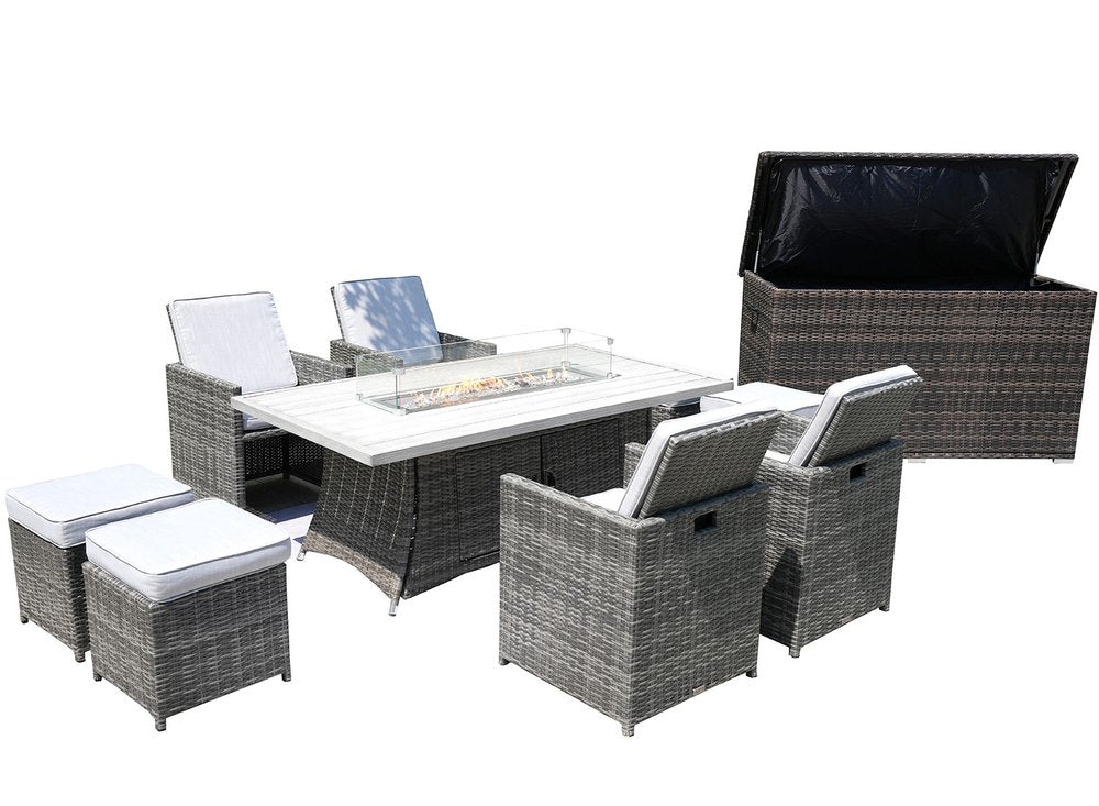 Ten Piece Outdoor Gray Wicker Multiple Chairs Seating Group Fire Pit Included with White Cushions on a white background