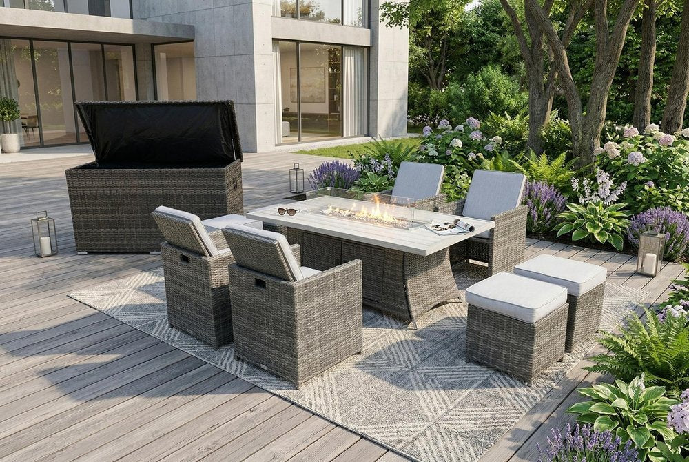 Ten Piece Outdoor Gray Wicker Multiple Chairs Seating Group Fire Pit Included with White Cushions in a home interior