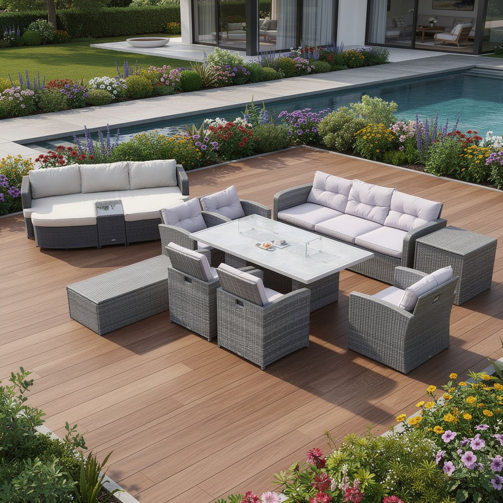 Eleven Piece Gray Wicker Multiple Chairs Seating Group With Fire Pit And Table