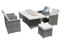 Seven Piece Gray Wicker Multiple Chairs Seating Group With Fire Pit And Table on a white background