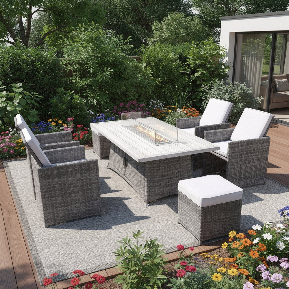 Seven Piece Gray Wicker Multiple Chairs Seating Group With Fire Pit And Table