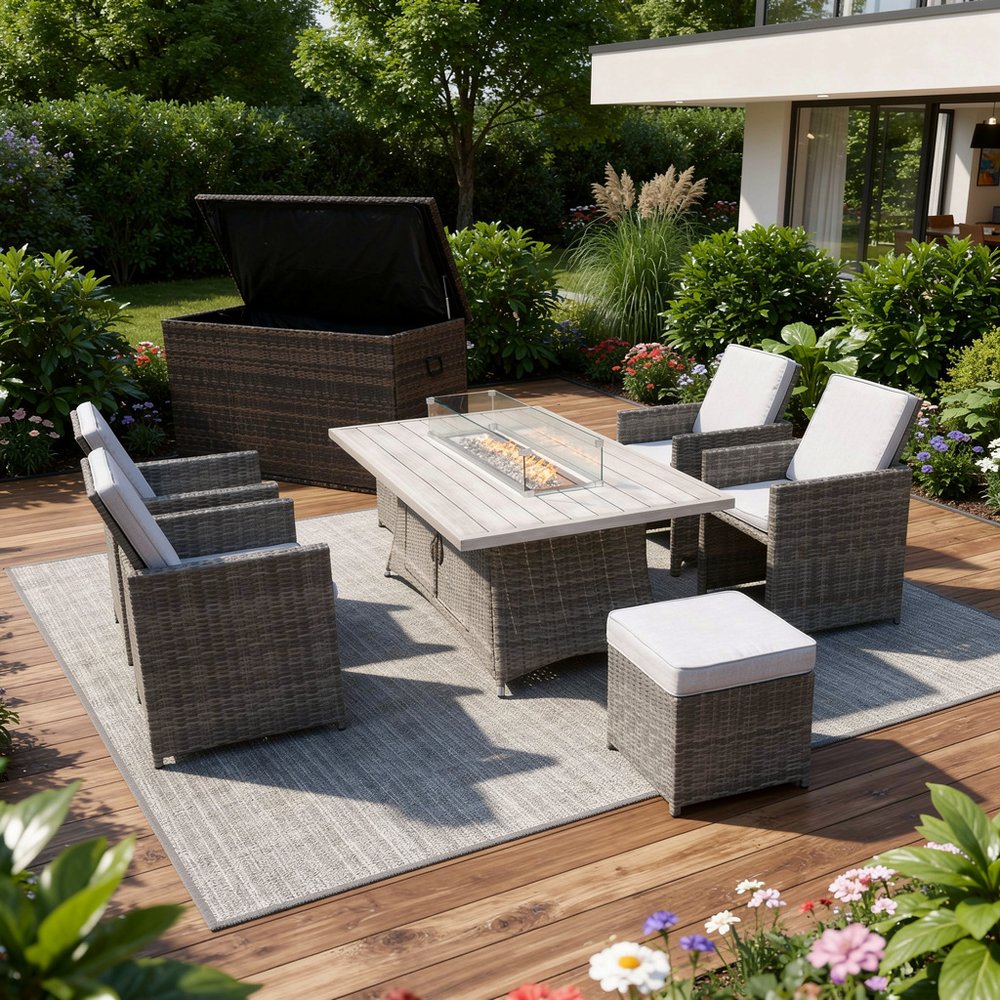 Ten Piece Gray Wicker Multiple Chairs Seating Group With Fire Pit And Table - 75.00" H x 43.00" W x 50.00" D