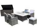 Ten Piece Gray Wicker Multiple Chairs Seating Group With Fire Pit And Table - 75.00" H x 43.00" W x 50.00" D on a white background