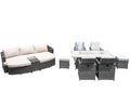 Nine Piece Gray Wicker Multiple Chairs Seating Group With Fire Pit And Table - 28.35" H x 88.98" W x 68.5" D on a white background