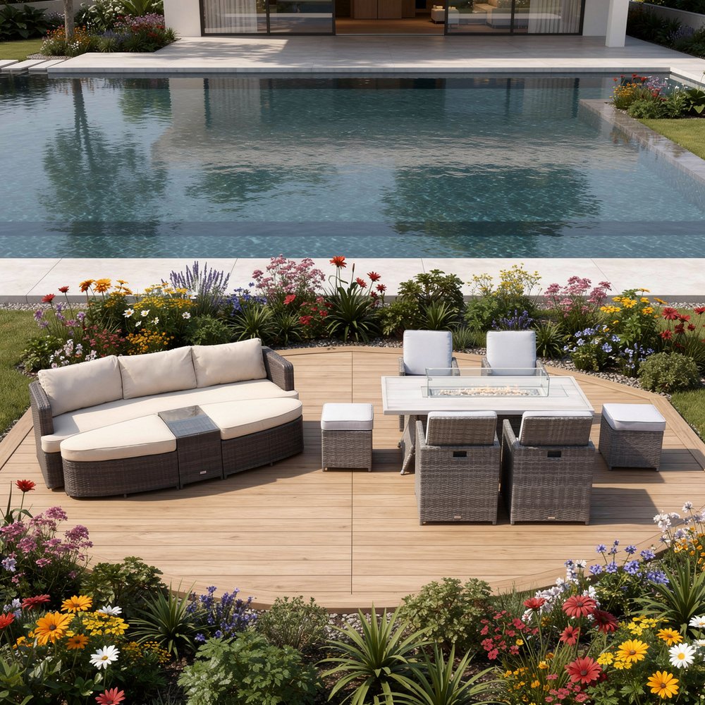 Nine Piece Gray Wicker Multiple Chairs Seating Group With Fire Pit And Table - 28.35" H x 88.98" W x 68.5" D