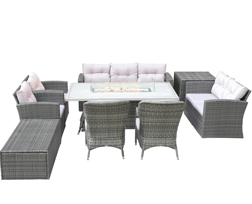 Nine Piece Gray Wicker Multiple Chairs Seating Group With Fire Pit And Table