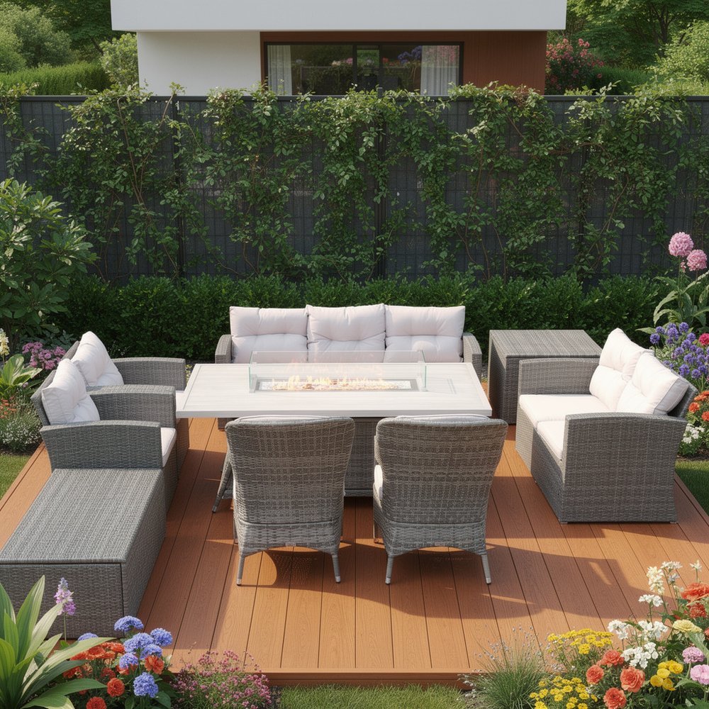 Nine Piece Gray Wicker Multiple Chairs Seating Group With Fire Pit And Table