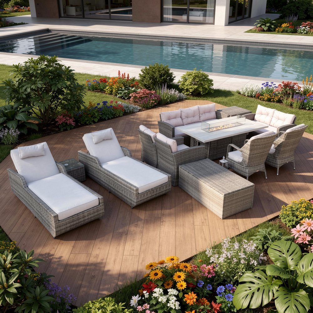 Twelve Piece Gray Wicker Multiple Chairs Seating Group With Fire Pit And Table - SKU 479146