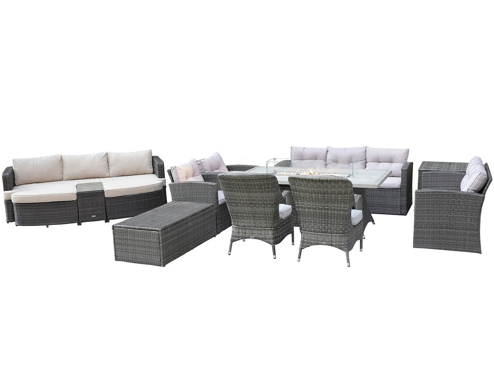 Eleven Piece Gray Wicker Multiple Chairs Seating Group With Fire Pit And Table