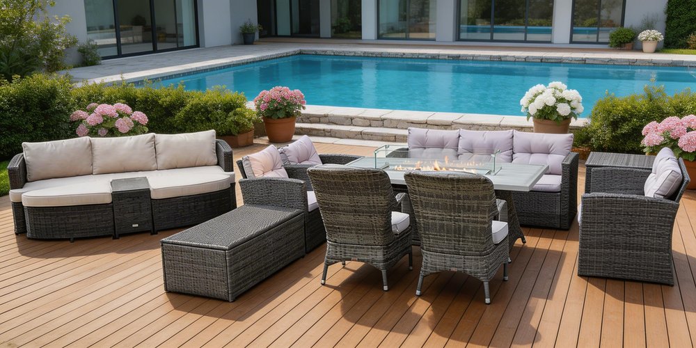 Eleven Piece Gray Wicker Multiple Chairs Seating Group With Fire Pit And Table